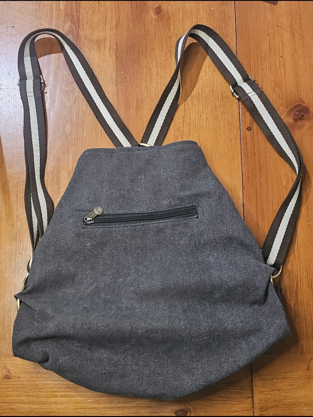Striped Handle Black Denim Canvas Tote Bag with Embroidered Center Panel